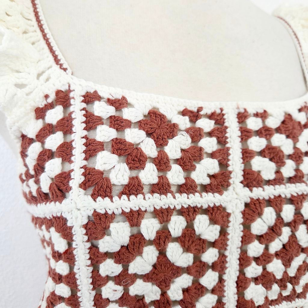 Marine Layer Archive Cora Crochet Tank Brown Cream granny square women's small - Picture 4 of 7